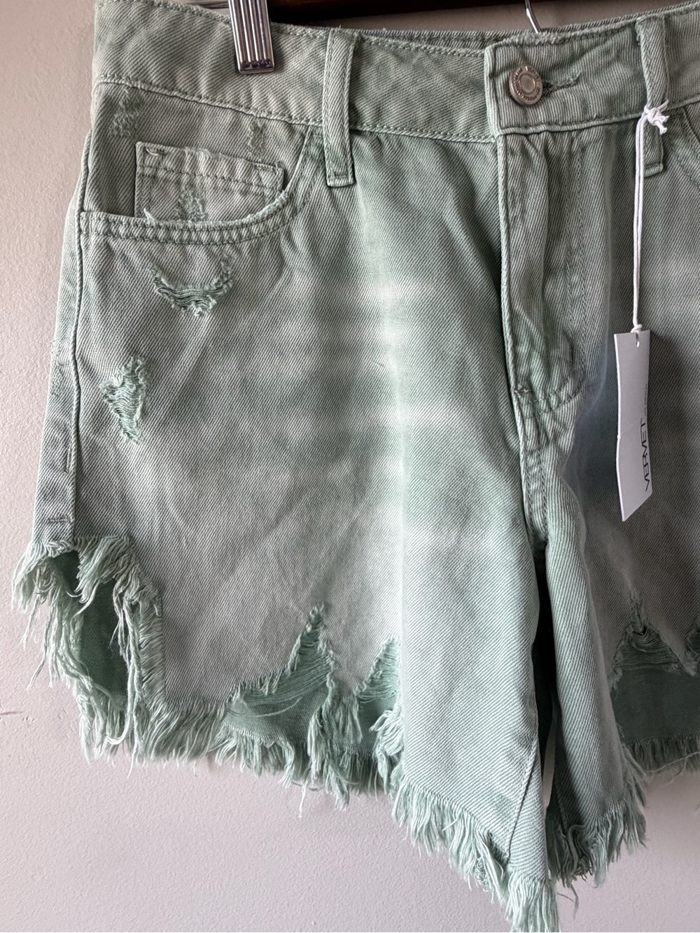 Vervet Sage Green Distressed Denim Shorts Size Small | Raw Hem High Rise| NWT - Picture 4 of 14